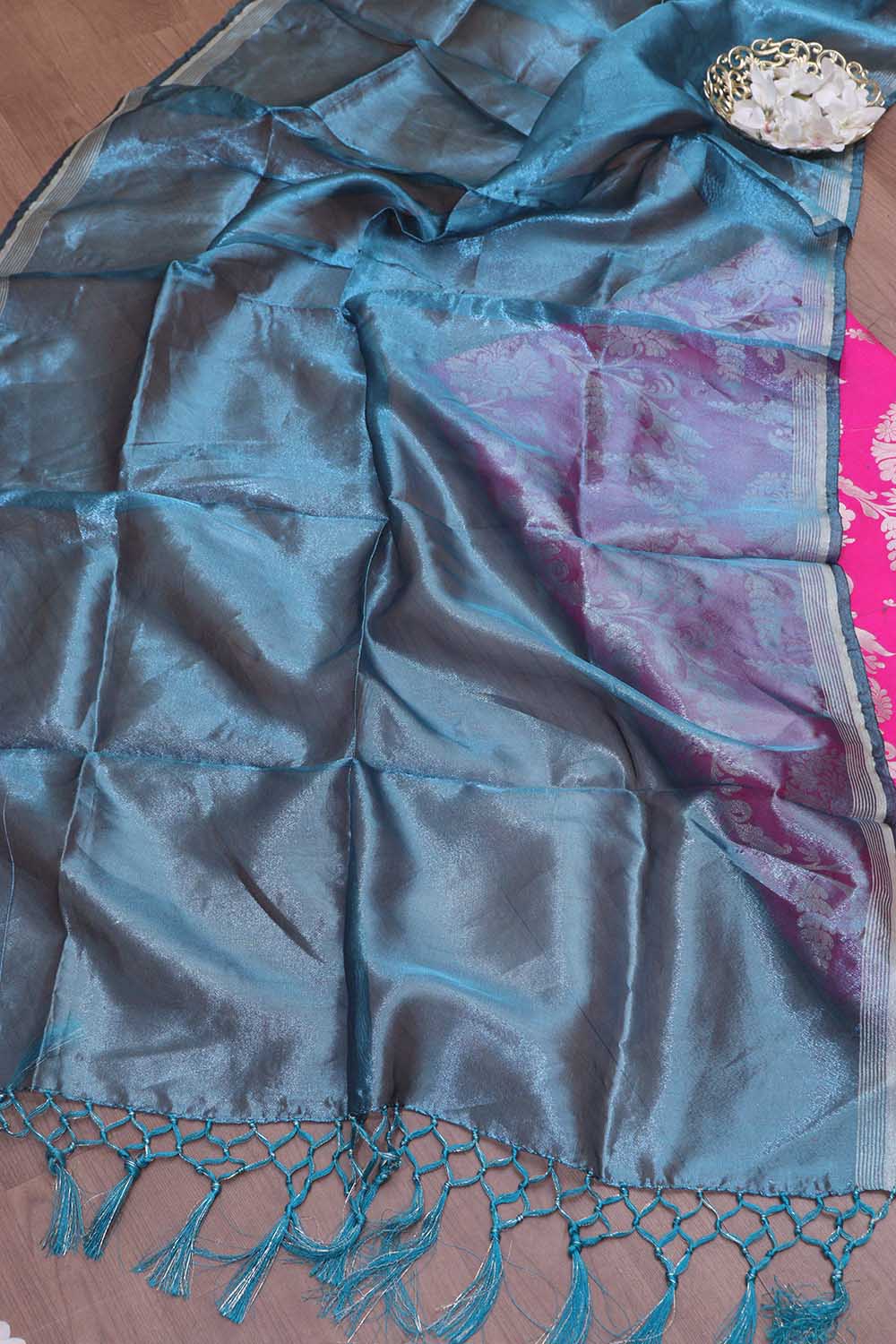 Pink Banarasi Silk Sona Roopa Suit With Blue Tissue Dupatta - Luxurion World