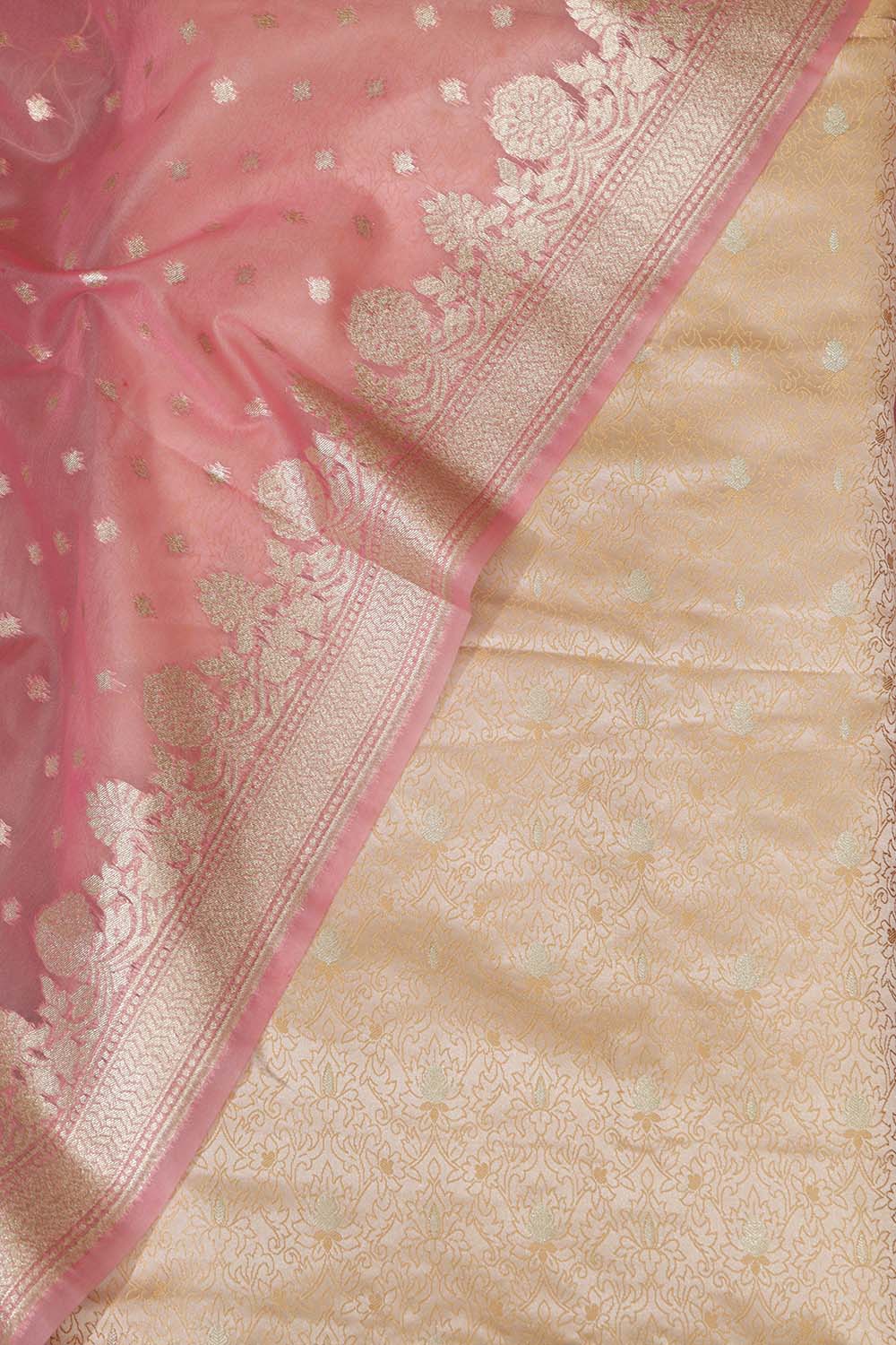 Pastel Banarasi Tanchui Silk Suit With Pink Banarasi Organza Dupatta - Luxurion World