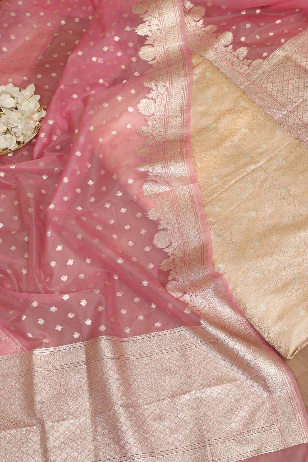 Pastel Banarasi Tanchui Silk Suit With Pink Banarasi Organza Dupatta - Luxurion World