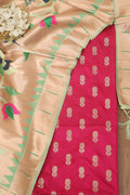 Stunning Pink Banarasi Silk Suit With Green Paithani Silk Peacock Floral Dupatta - Luxurion World
