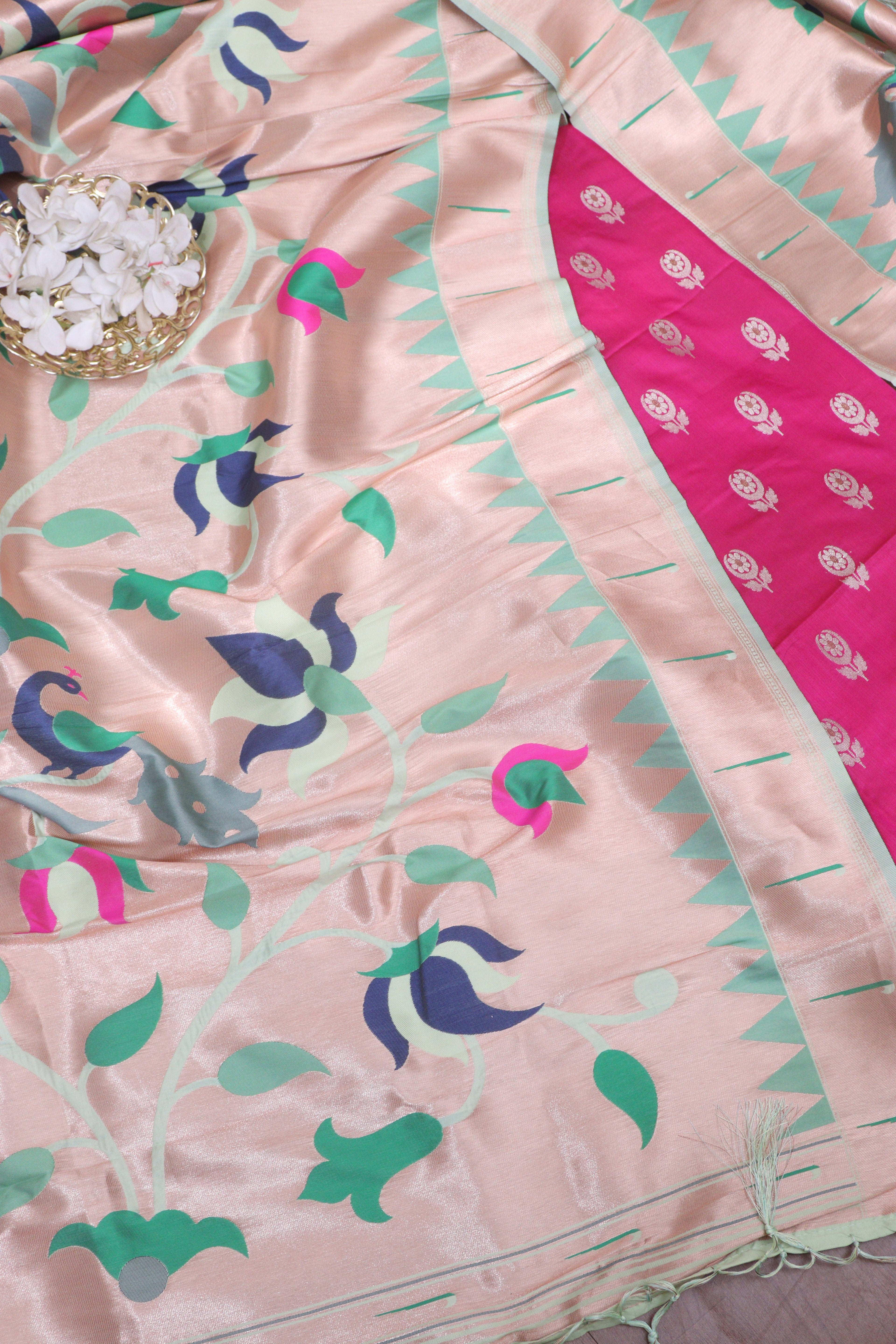 Stunning Pink Banarasi Silk Suit With Green Paithani Silk Peacock Floral Dupatta - Luxurion World