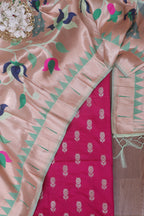 Stunning Pink Banarasi Silk Suit With Green Paithani Silk Peacock Floral Dupatta - Luxurion World