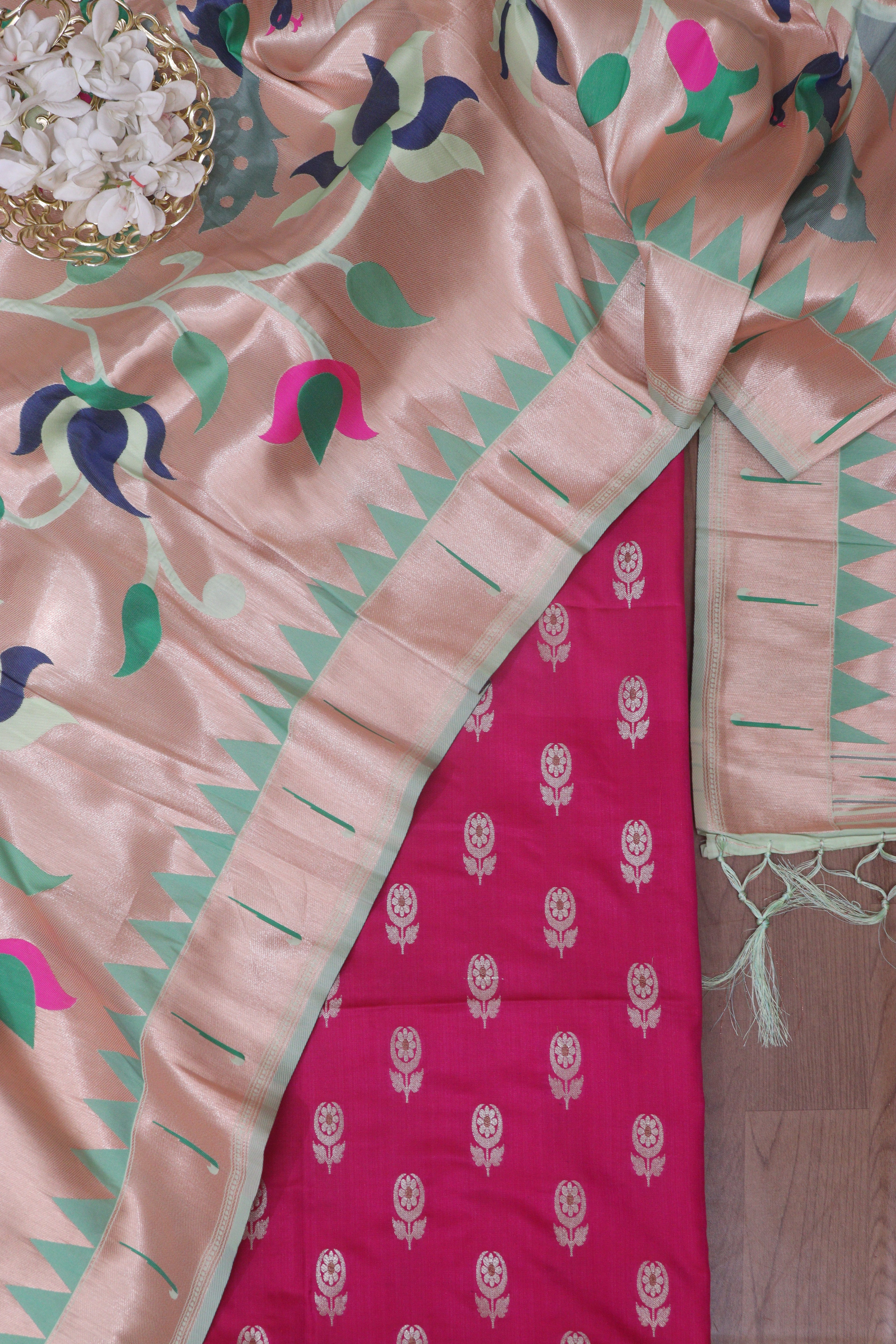 Stunning Pink Banarasi Silk Suit With Green Paithani Silk Peacock Floral Dupatta - Luxurion World