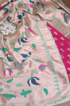 Stunning Pink Banarasi Silk Suit With Green Paithani Silk Peacock Floral Dupatta - Luxurion World