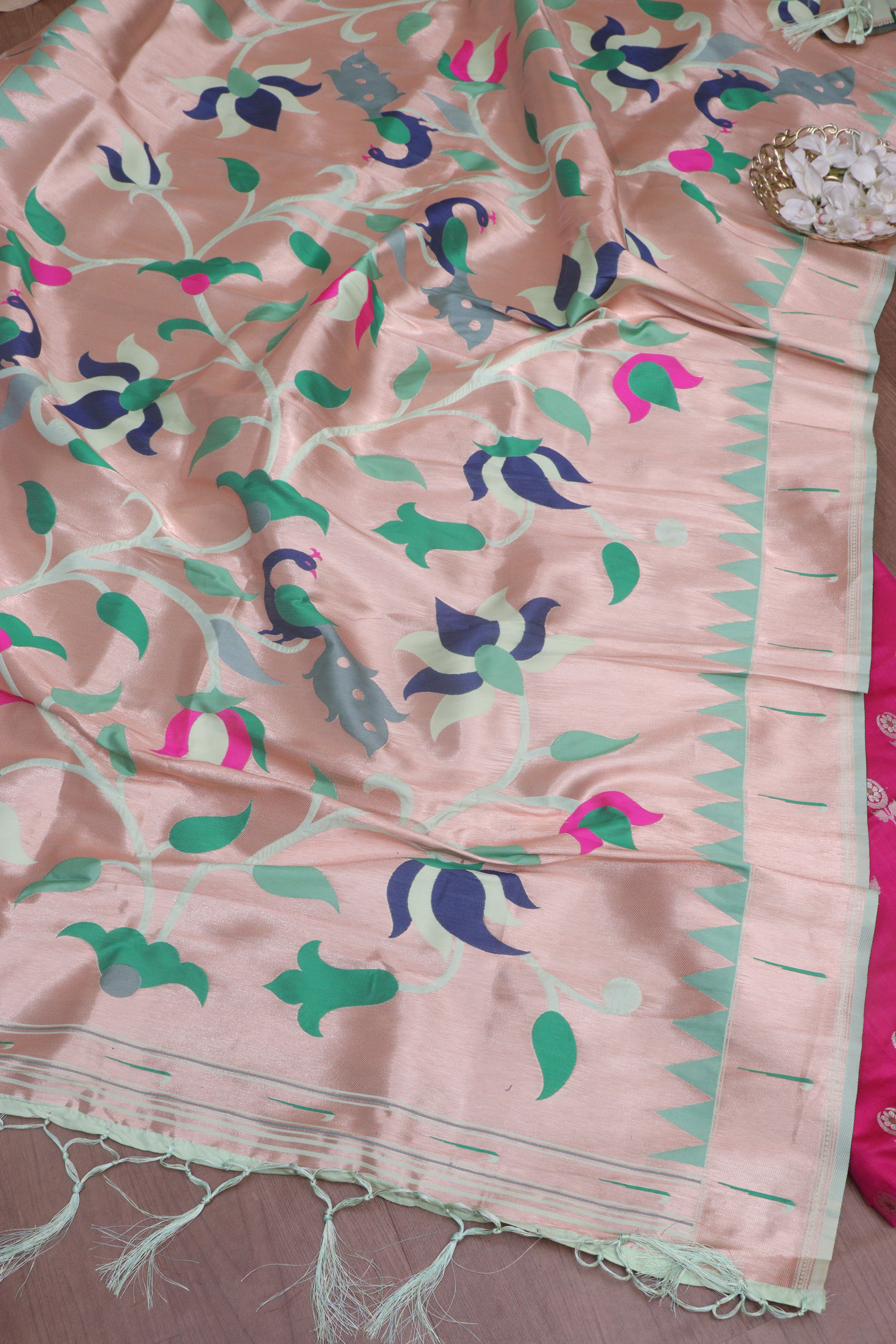 Stunning Pink Banarasi Silk Suit With Green Paithani Silk Peacock Floral Dupatta - Luxurion World