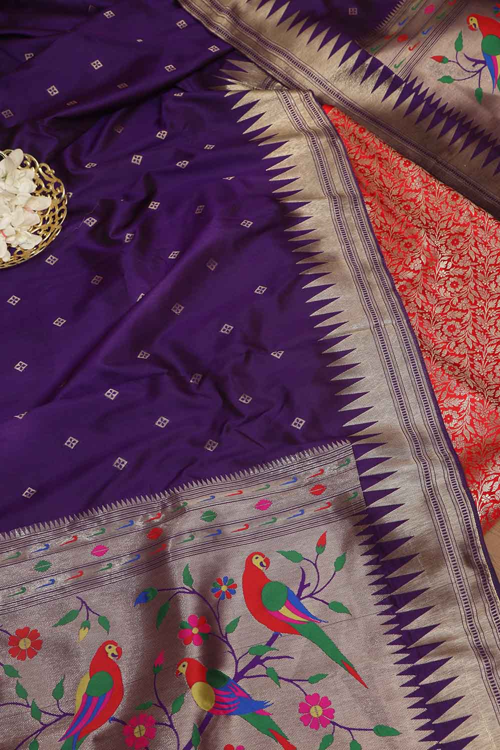 Red Banarasi Silk Satin Zari Brocade Suit With Purple Paithani Silk Dupatta with Parrot and Floral Design - Luxurion World