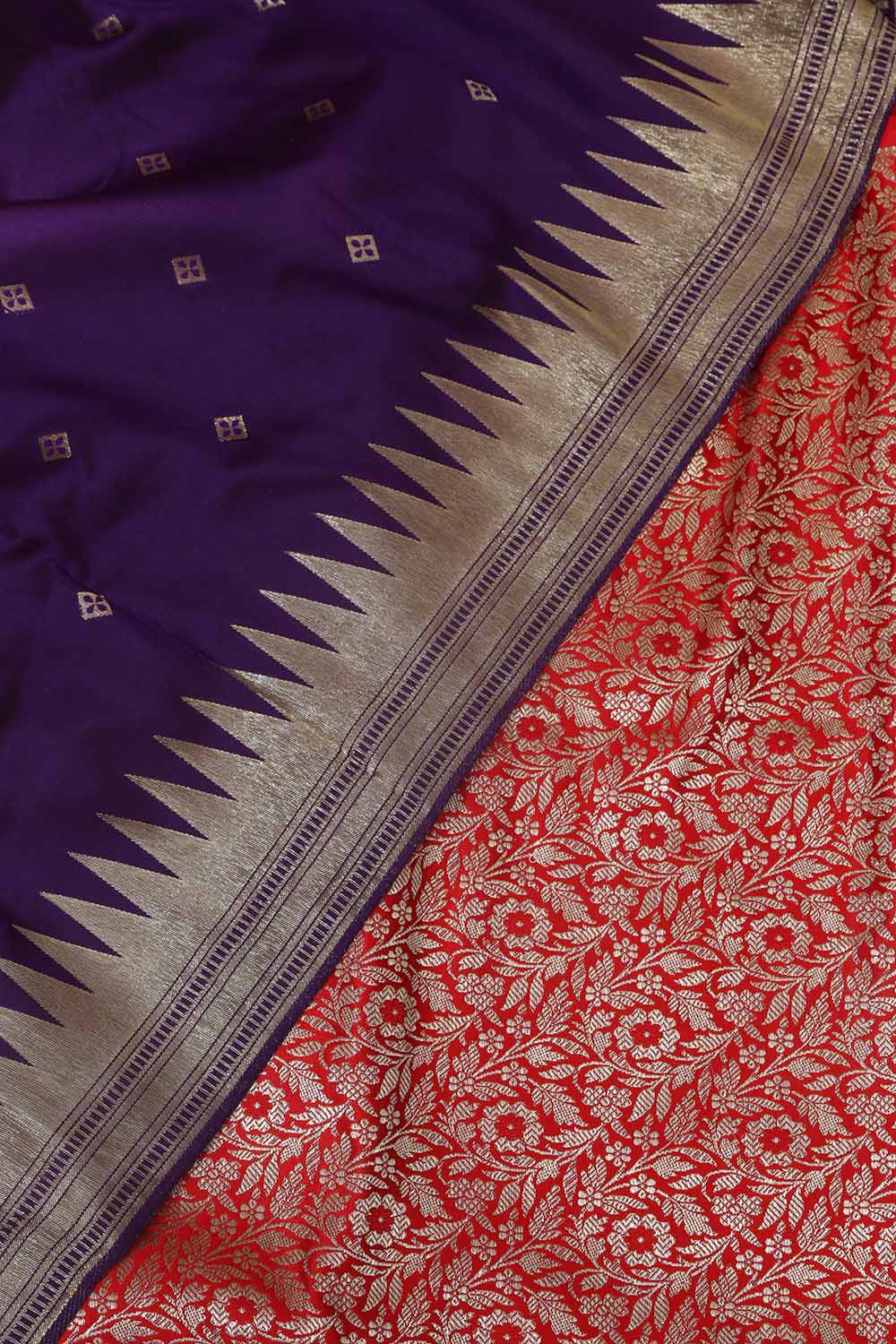 Red Banarasi Silk Satin Zari Brocade Suit With Purple Paithani Silk Dupatta with Parrot and Floral Design - Luxurion World