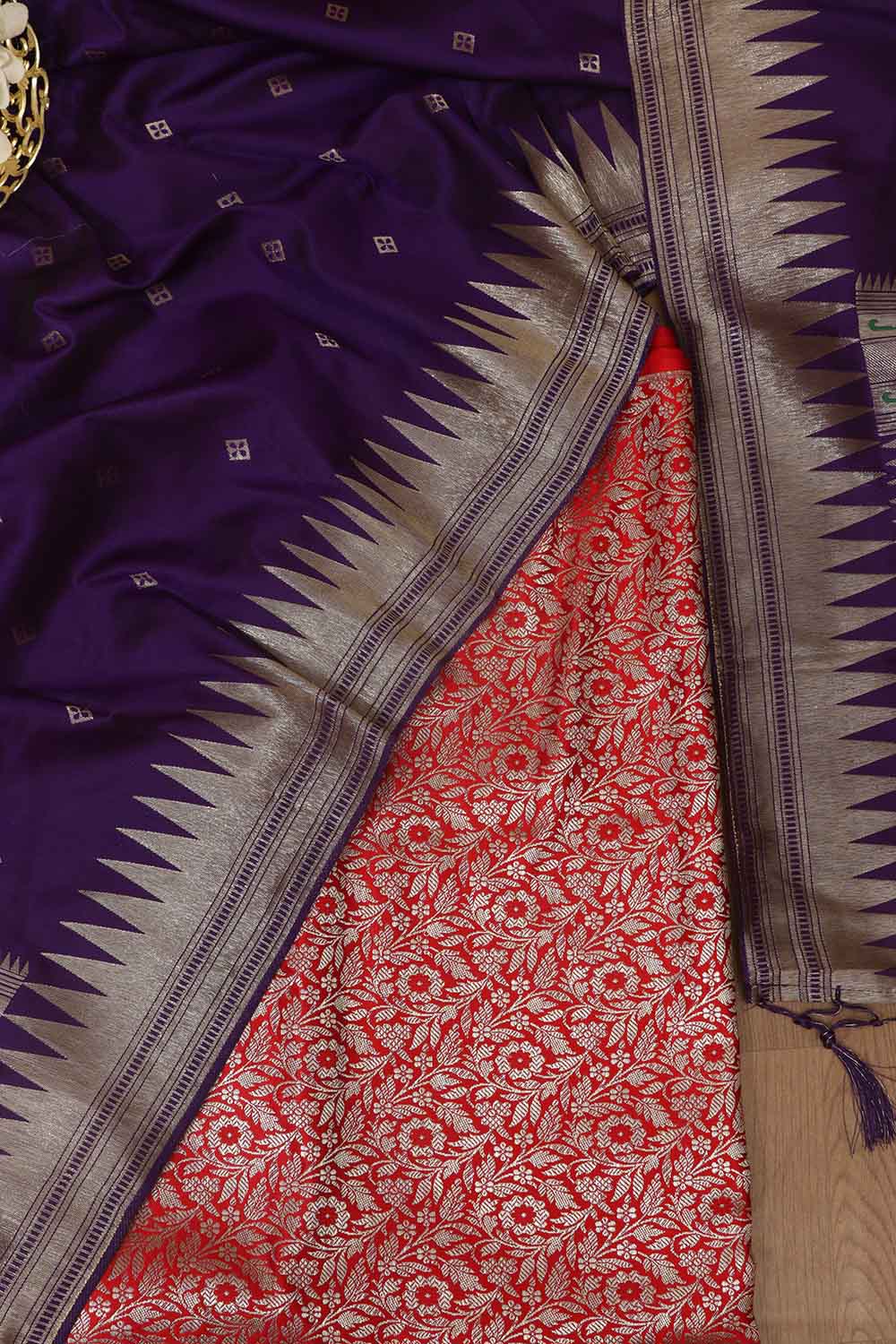 Red Banarasi Silk Satin Zari Brocade Suit With Purple Paithani Silk Dupatta with Parrot and Floral Design - Luxurion World