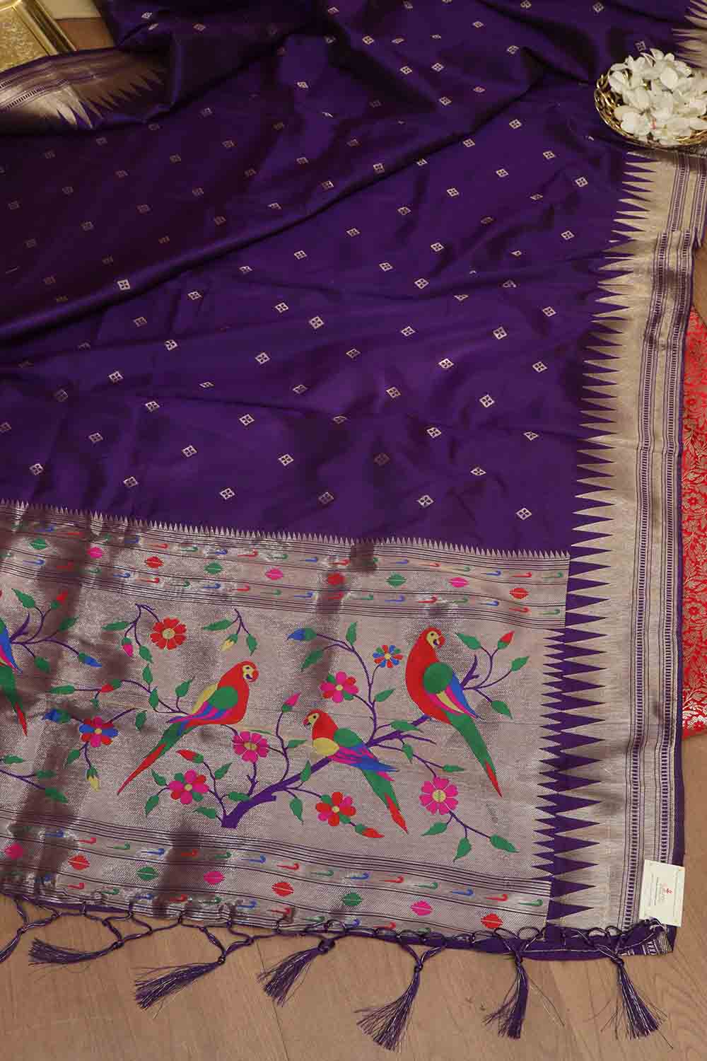 Red Banarasi Silk Satin Zari Brocade Suit With Purple Paithani Silk Dupatta with Parrot and Floral Design - Luxurion World