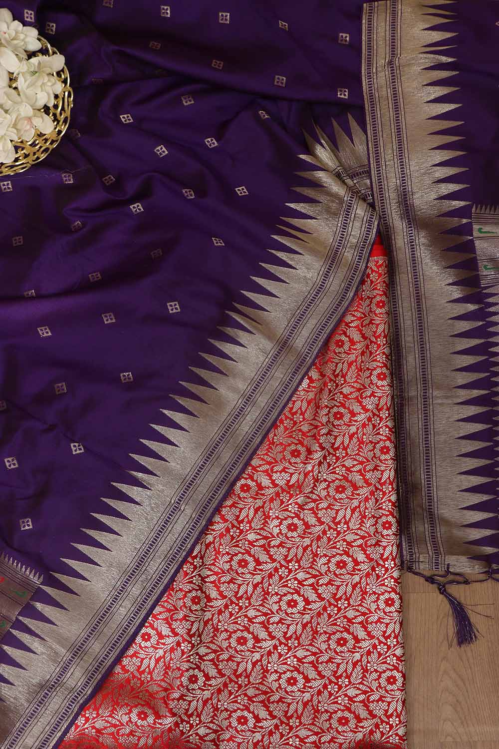 Red Banarasi Silk Satin Zari Brocade Suit With Purple Paithani Silk Dupatta with Parrot and Floral Design - Luxurion World