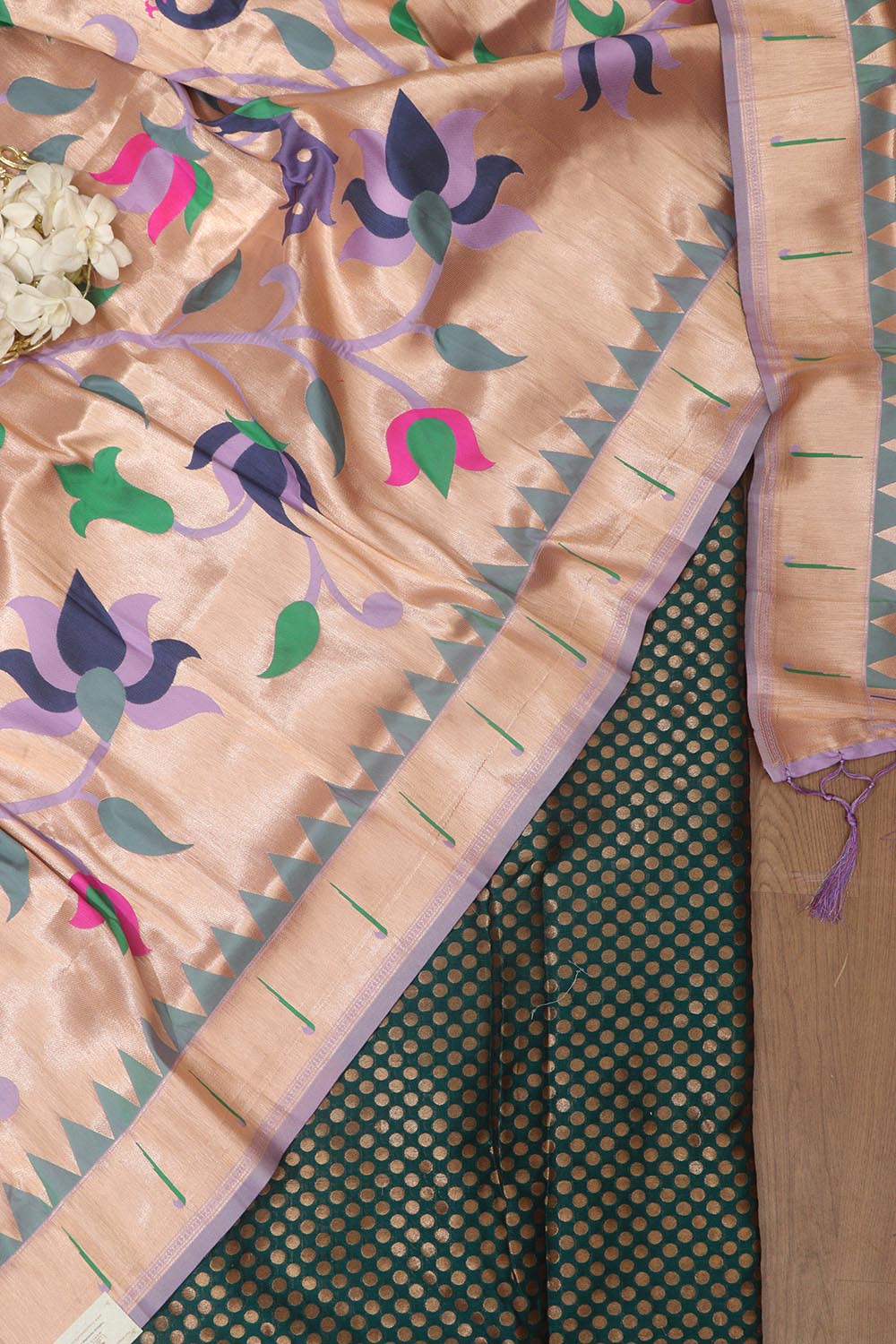 Stunning Green Banarasi Silk Suit With Purple Paithani Silk Peacock & Floral Design Dupatta - Luxurion World