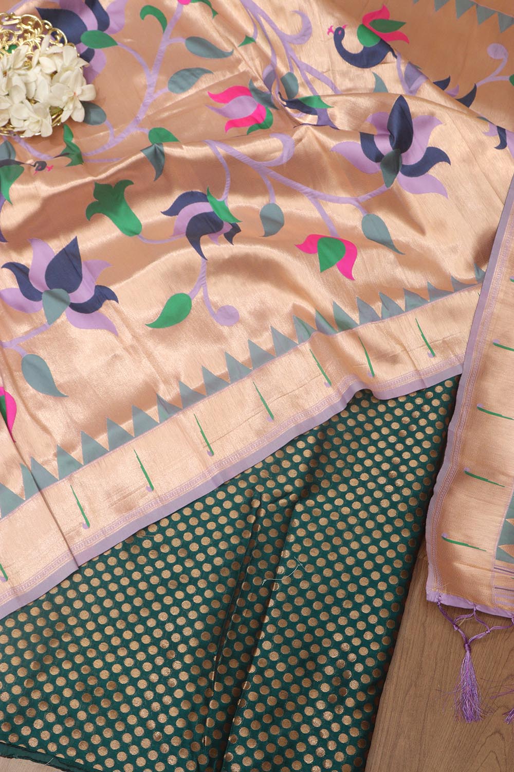 Stunning Green Banarasi Silk Suit With Purple Paithani Silk Peacock & Floral Design Dupatta - Luxurion World