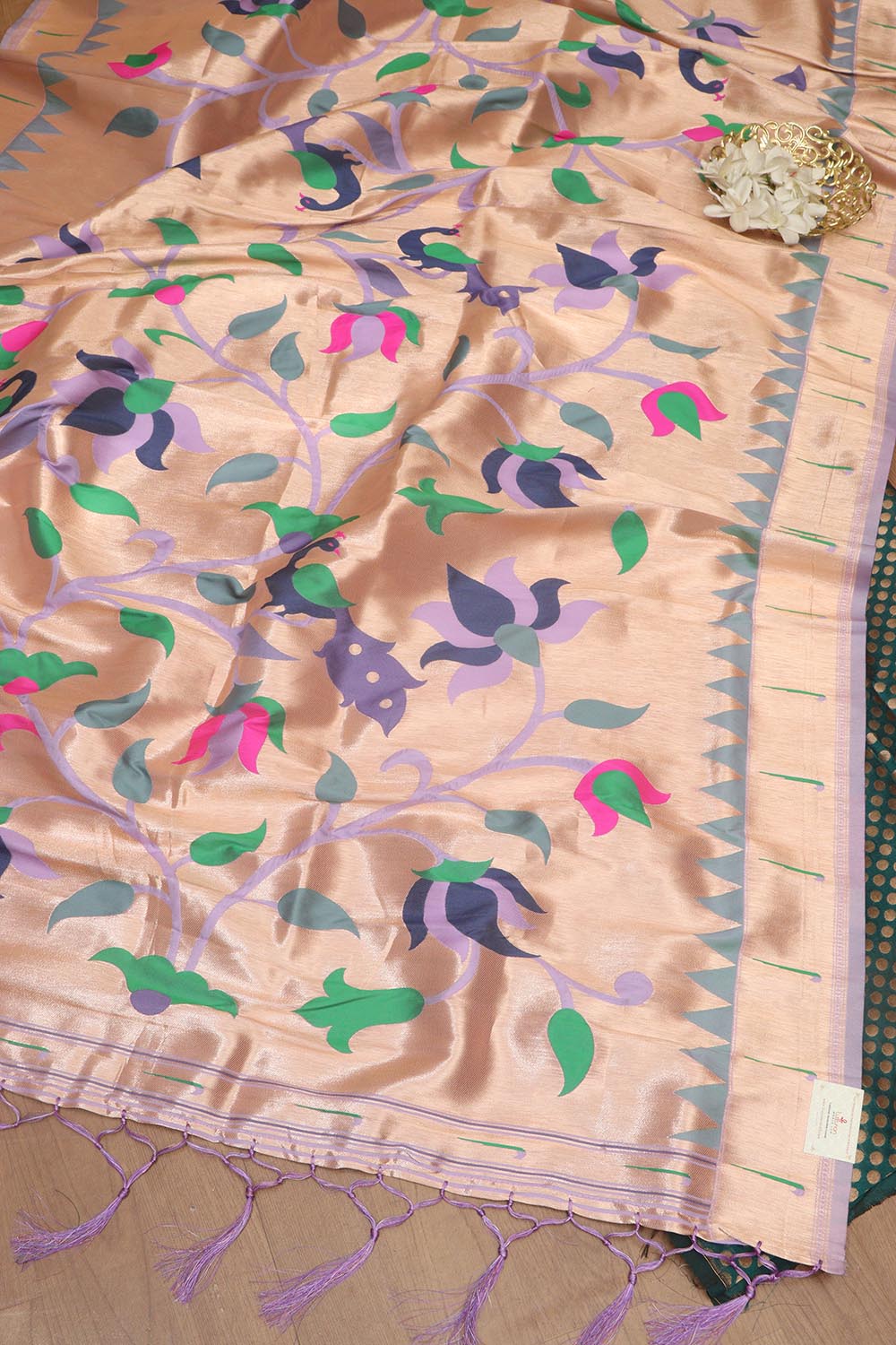 Stunning Green Banarasi Silk Suit With Purple Paithani Silk Peacock & Floral Design Dupatta - Luxurion World
