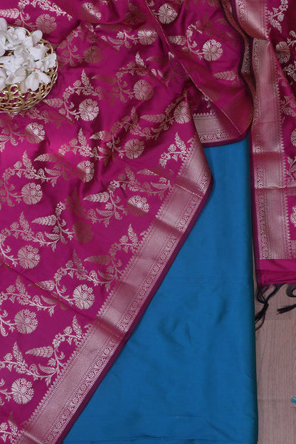 Blue Plain Silk Suit With Pink Banarasi Silk Dupatta - Luxurion World