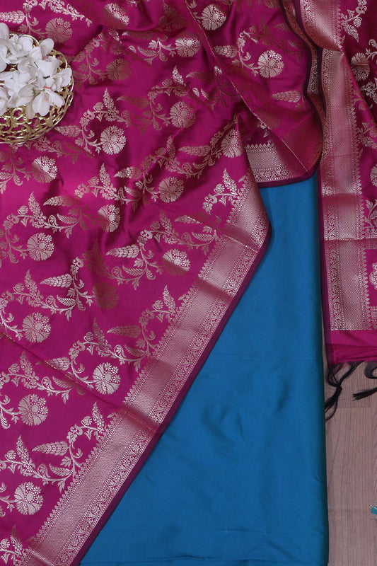Blue Plain Silk Suit With Pink Banarasi Silk Dupatta - Luxurion World