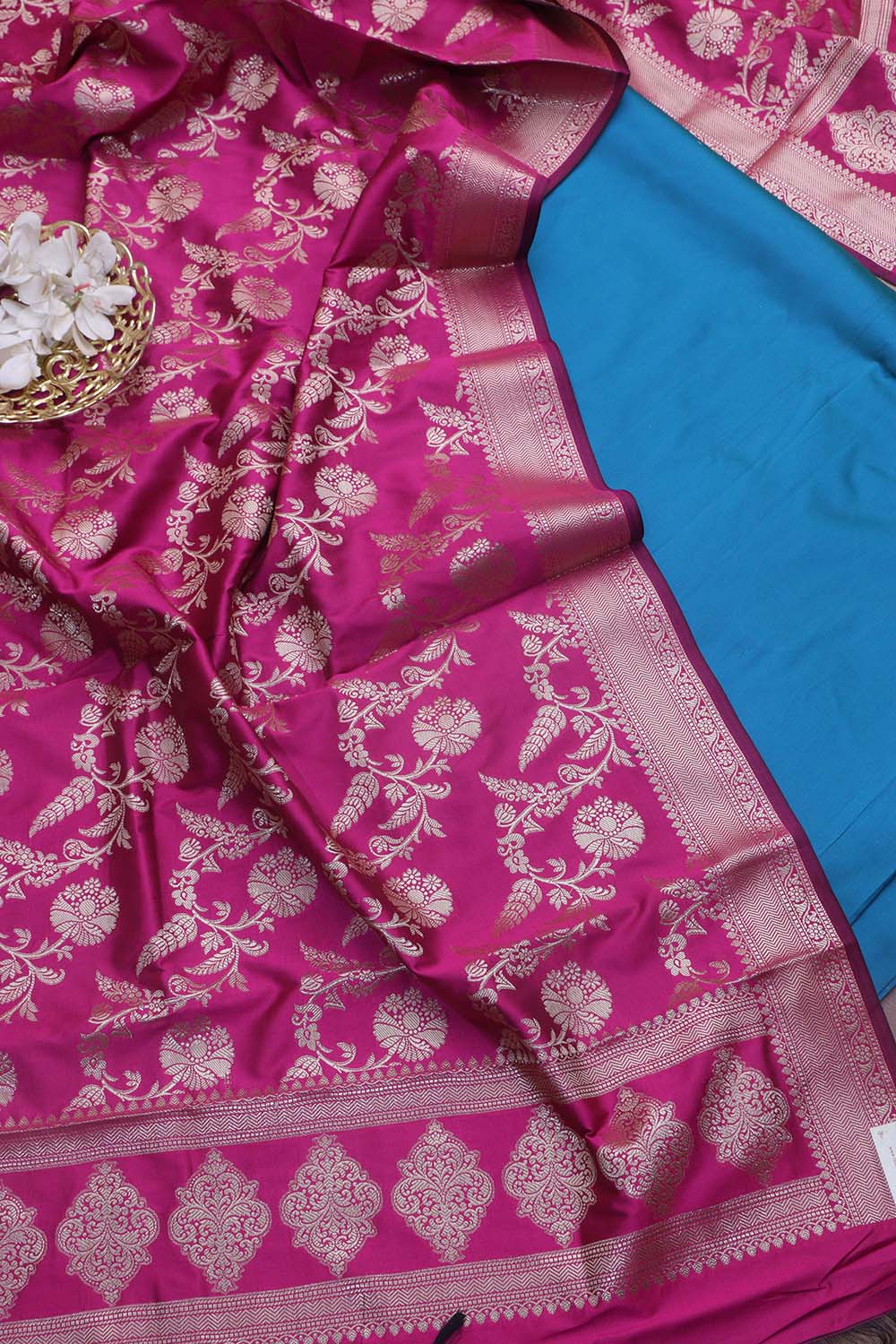 Blue Plain Silk Suit With Pink Banarasi Silk Dupatta - Luxurion World