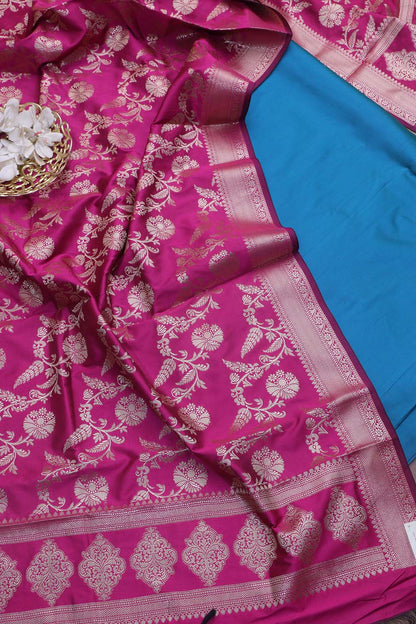 Blue Plain Silk Suit With Pink Banarasi Silk Dupatta - Luxurion World