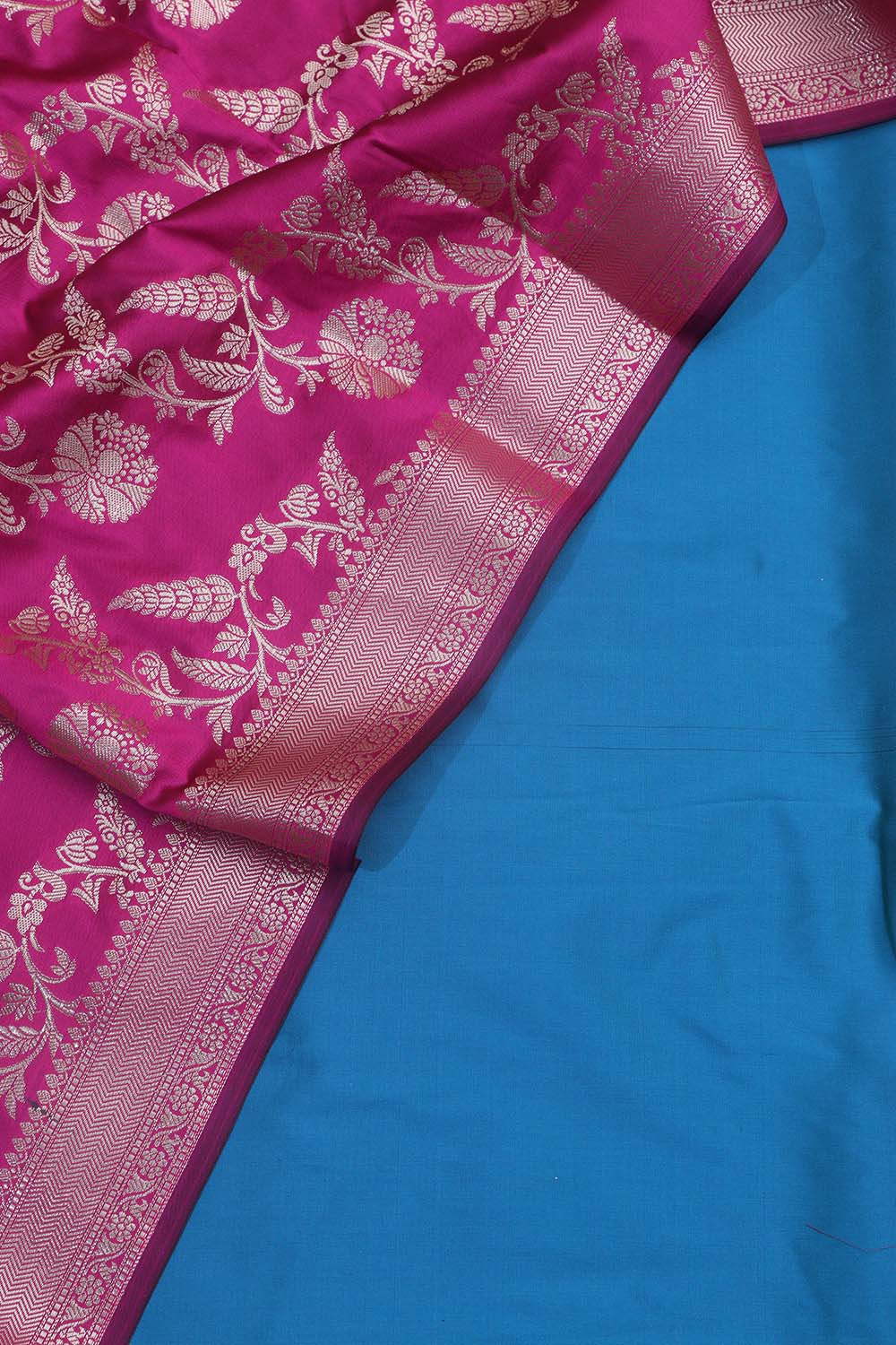 Blue Plain Silk Suit With Pink Banarasi Silk Dupatta - Luxurion World