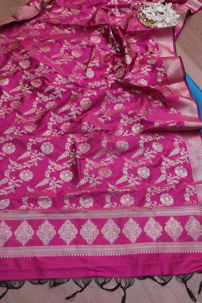 Blue Plain Silk Suit With Pink Banarasi Silk Dupatta - Luxurion World