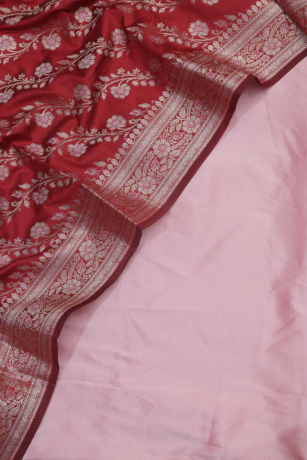 Beautiful Pink Plain Silk Suit With Red Banarasi Silk Meenakari Dupatta - Luxurion World