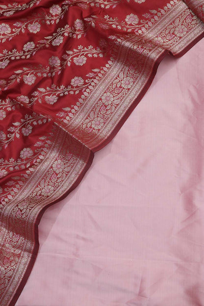 Beautiful Pink Plain Silk Suit With Red Banarasi Silk Meenakari Dupatta - Luxurion World