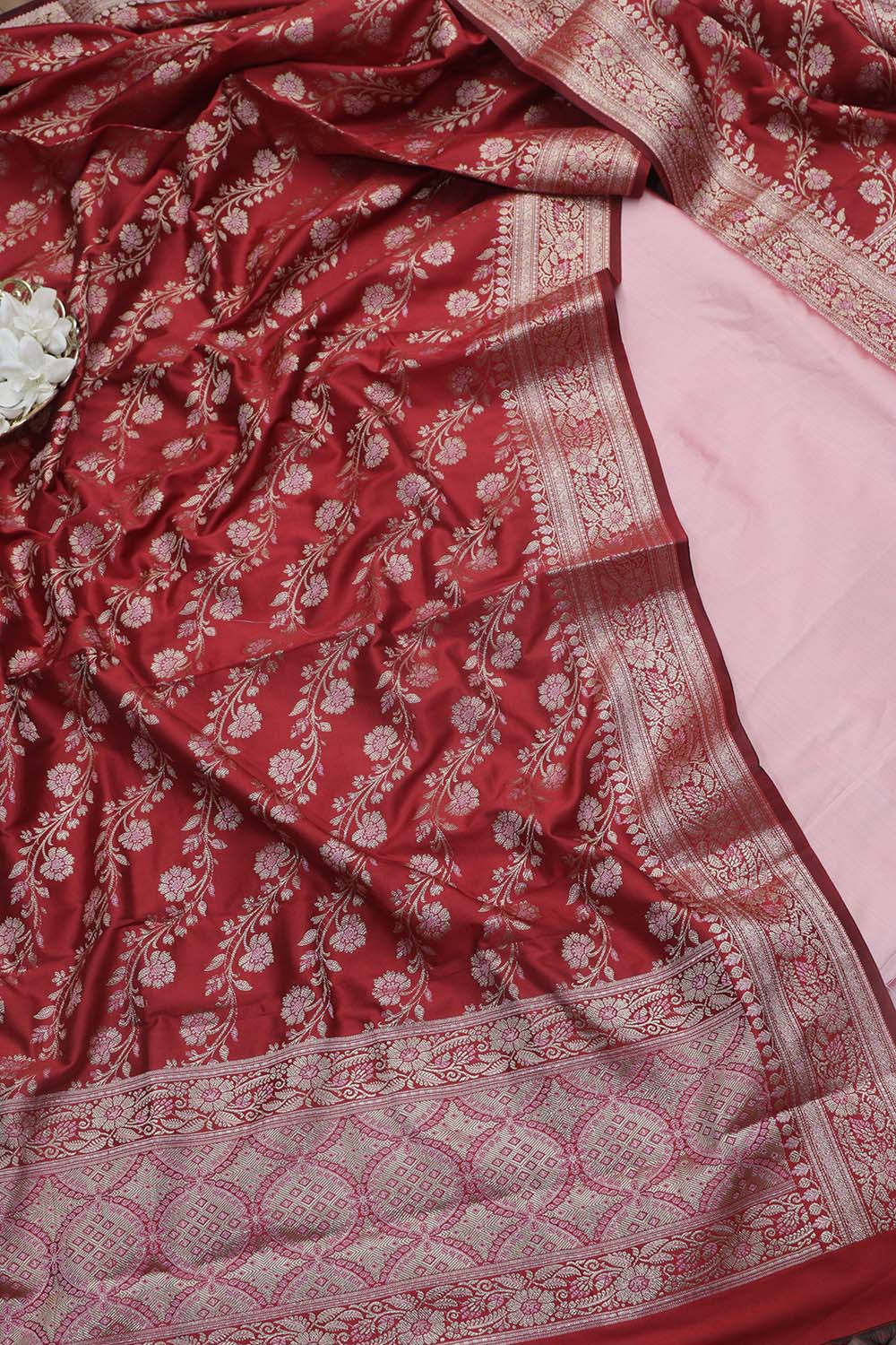 Beautiful Pink Plain Silk Suit With Red Banarasi Silk Meenakari Dupatta - Luxurion World