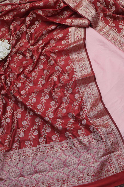 Beautiful Pink Plain Silk Suit With Red Banarasi Silk Meenakari Dupatta - Luxurion World