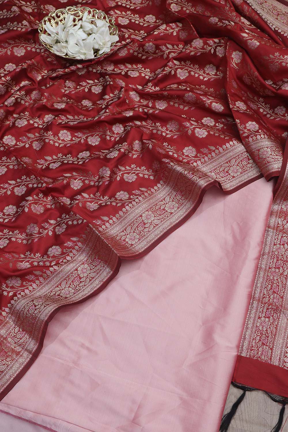 Beautiful Pink Plain Silk Suit With Red Banarasi Silk Meenakari Dupatta - Luxurion World