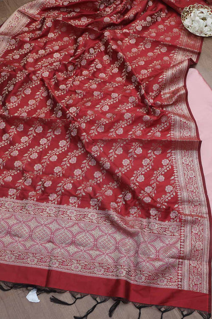 Beautiful Pink Plain Silk Suit With Red Banarasi Silk Meenakari Dupatta - Luxurion World