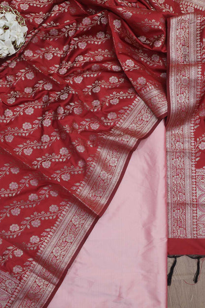 Beautiful Pink Plain Silk Suit With Red Banarasi Silk Meenakari Dupatta - Luxurion World