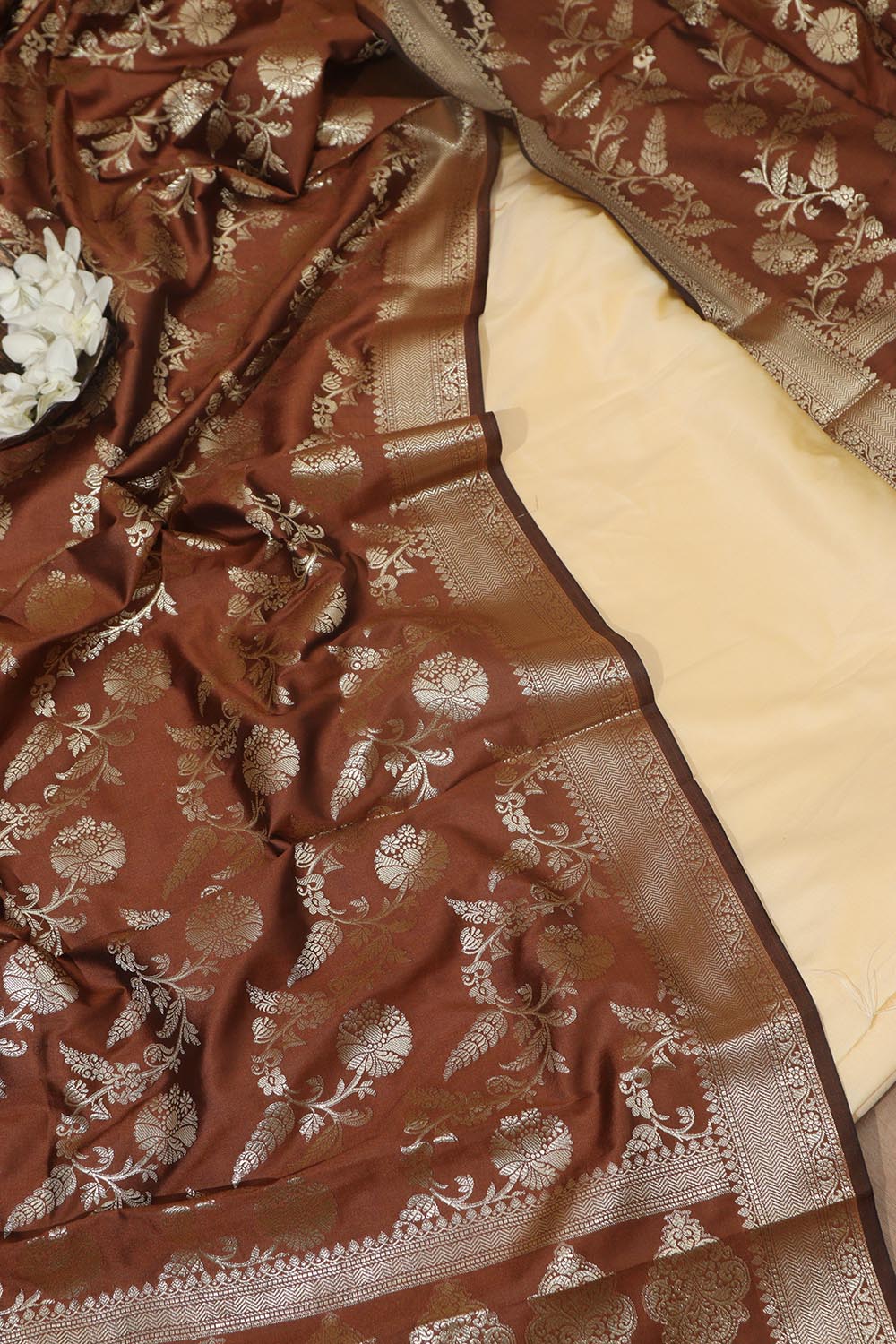 Pastel Plain Silk Suit With Brown Banarasi Silk Dupatta - Luxurion World