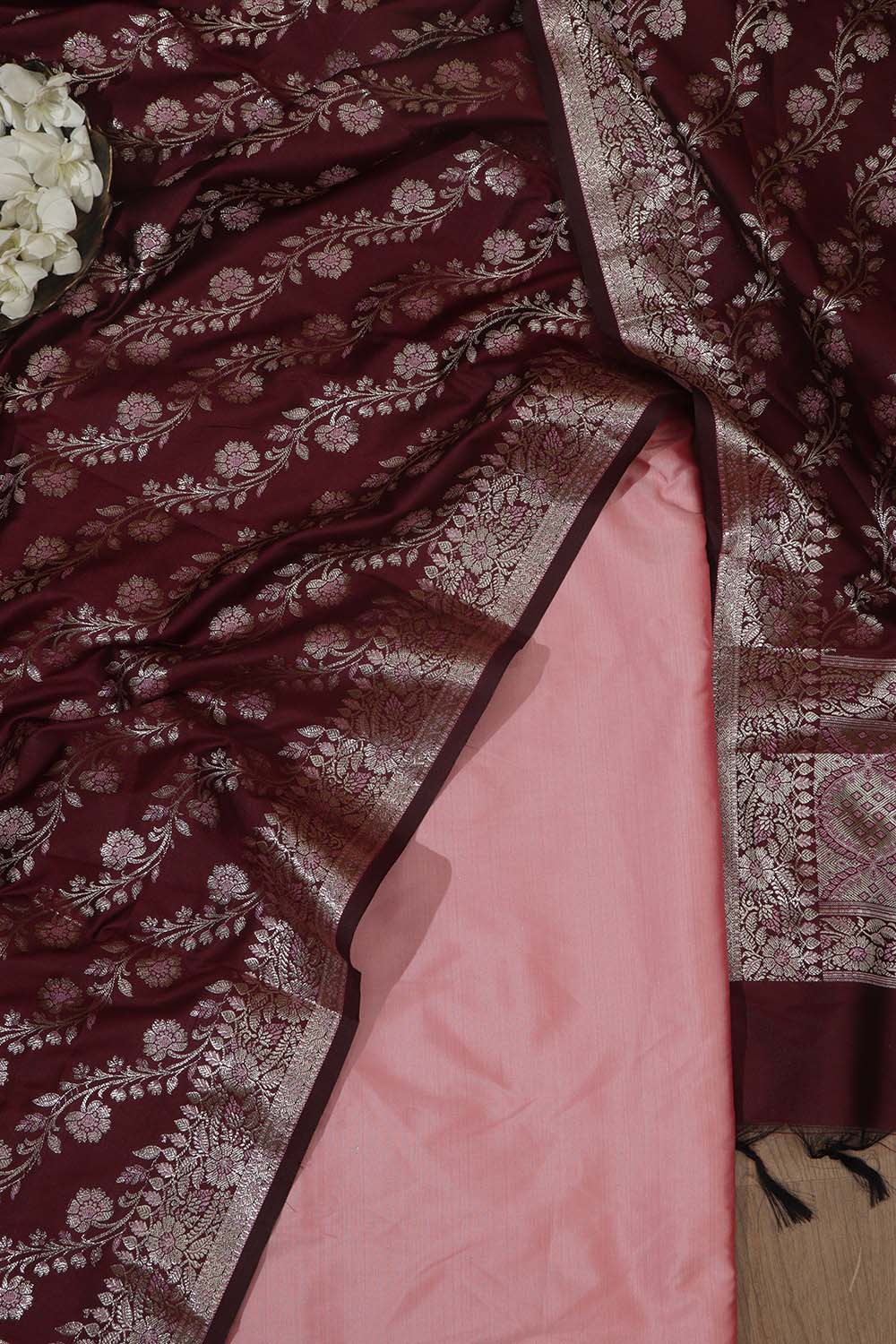 Stunning Pink Plain Silk Suit With Maroon Banarasi Silk Dupatta - Luxurion World