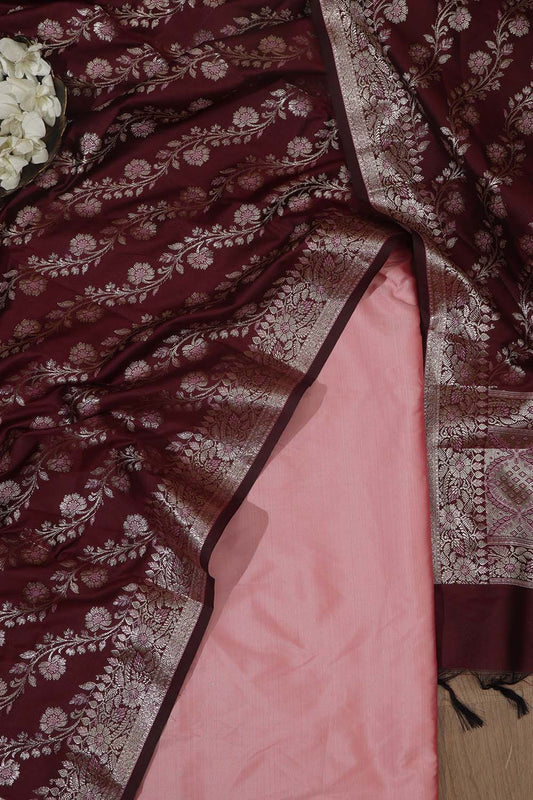 Stunning Pink Plain Silk Suit With Maroon Banarasi Silk Dupatta - Luxurion World