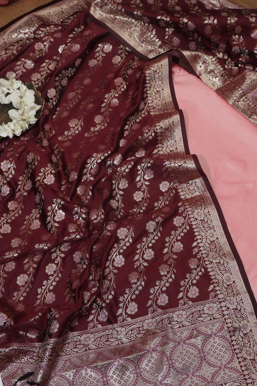 Stunning Pink Plain Silk Suit With Maroon Banarasi Silk Dupatta - Luxurion World