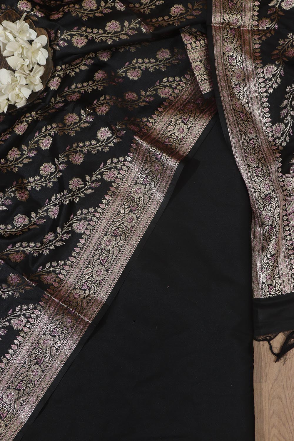 Classic Black Plain Silk Suit With Black Banarasi Silk Dupatta - Luxurion World