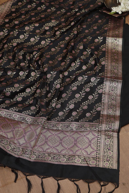 Classic Black Plain Silk Suit With Black Banarasi Silk Dupatta - Luxurion World
