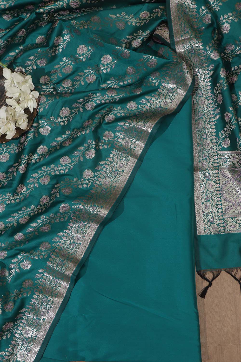 Blue Plain Silk Suit With Greenish Blue Banarasi Silk Meenakari Dupatta - Luxurion World