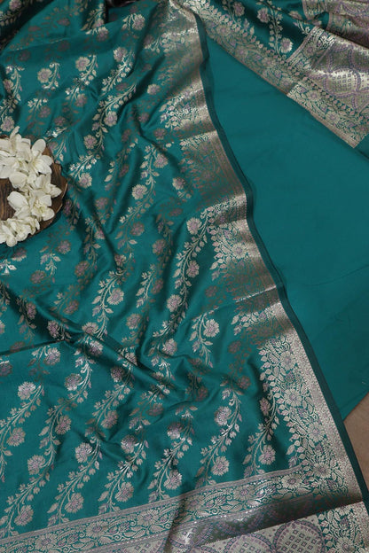 Blue Plain Silk Suit With Greenish Blue Banarasi Silk Meenakari Dupatta - Luxurion World