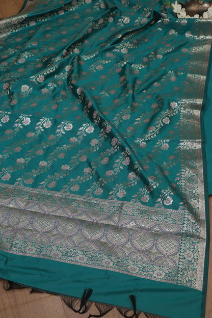 Blue Plain Silk Suit With Greenish Blue Banarasi Silk Meenakari Dupatta - Luxurion World
