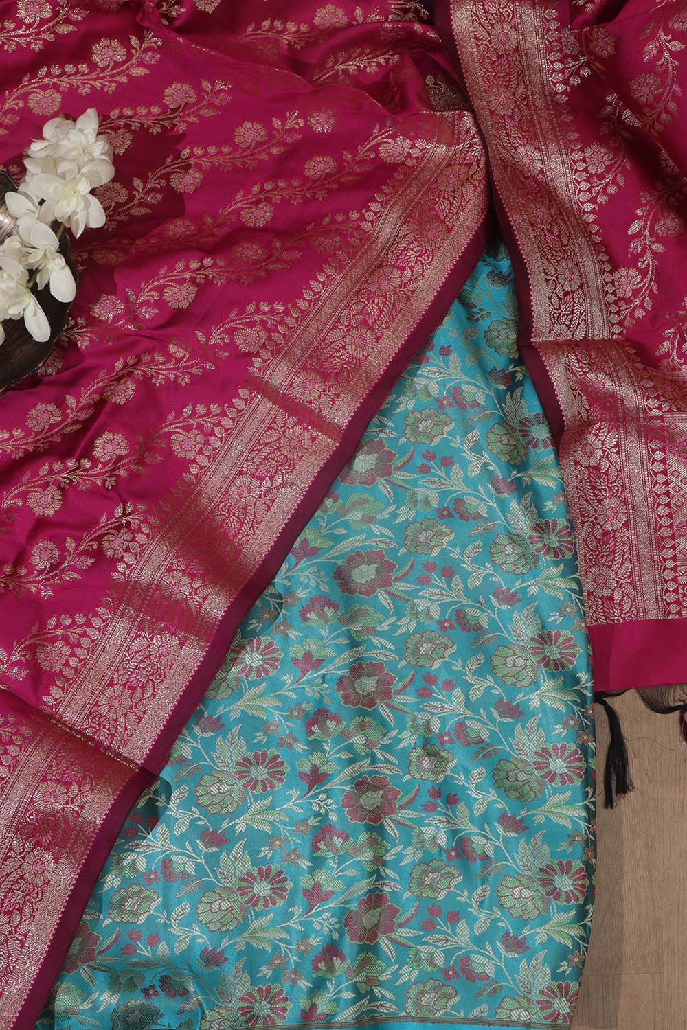 Blue Banarasi Silk Tanchui Jamawar Suit With Pink Banarasi Silk Meenakari Dupatta - Luxurion World