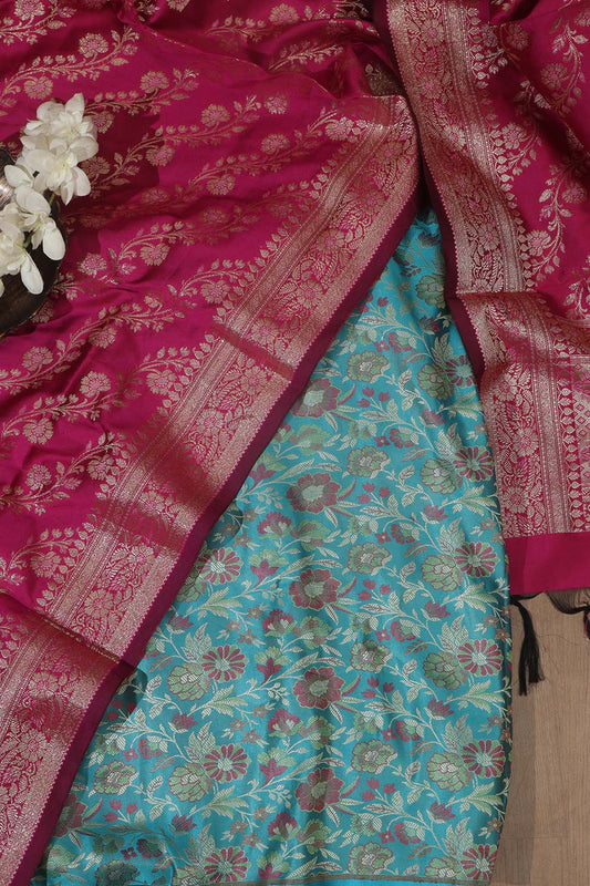 Blue Banarasi Silk Tanchui Jamawar Suit With Pink Banarasi Silk Meenakari Dupatta - Luxurion World