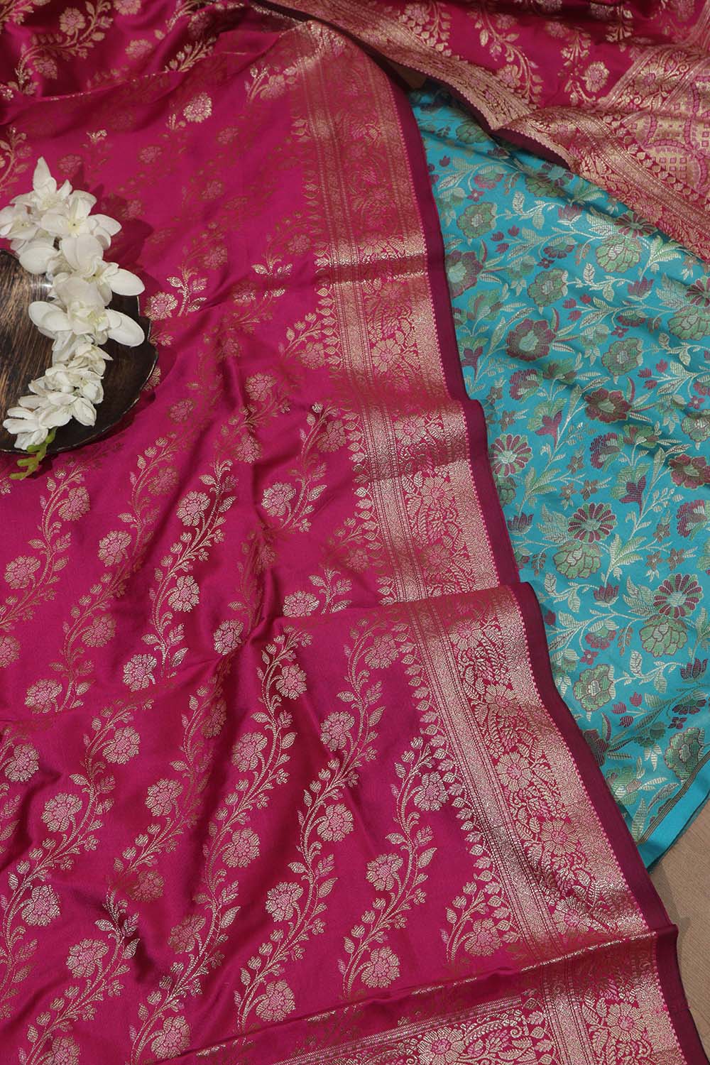 Blue Banarasi Silk Tanchui Jamawar Suit With Pink Banarasi Silk Meenakari Dupatta - Luxurion World