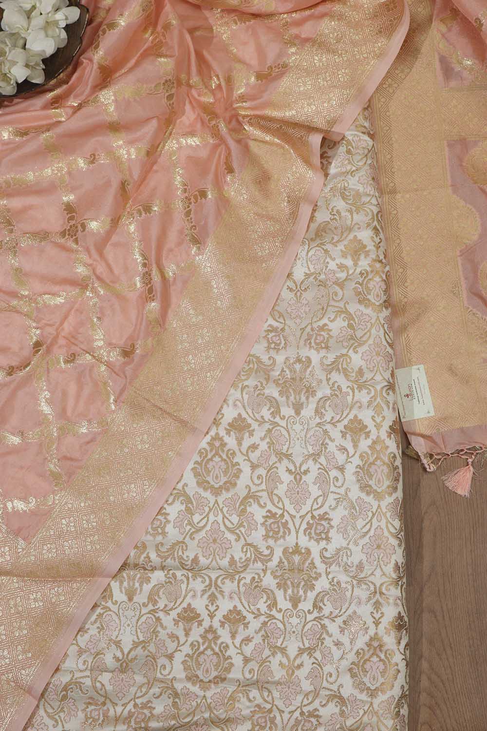 Elegant Pastel Banarasi Kimkhwab Silk Meenakari Suit With Pink Banarasi Silk Dupatta - Luxurion World