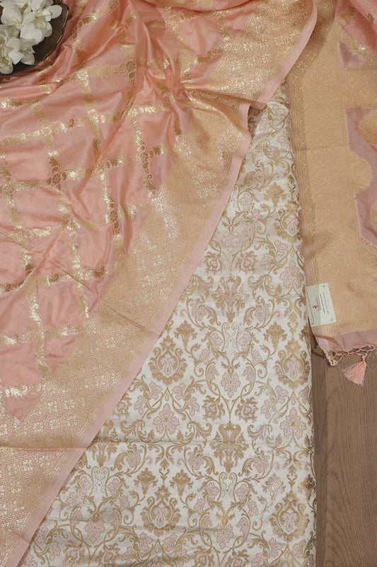 Elegant Pastel Banarasi Kimkhwab Silk Meenakari Suit With Pink Banarasi Silk Dupatta - Luxurion World