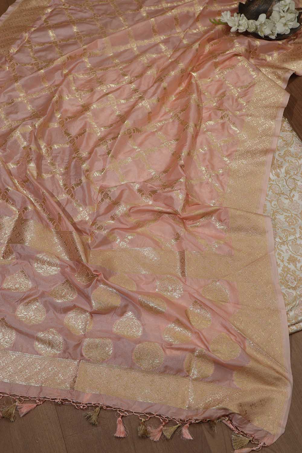 Elegant Pastel Banarasi Kimkhwab Silk Meenakari Suit With Pink Banarasi Silk Dupatta - Luxurion World