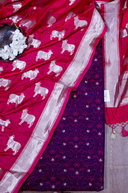 Elegant Purple Banarasi Tanchui Silk Suit Pink Banarasi Silk Cow Design Dupatta - Luxurion World