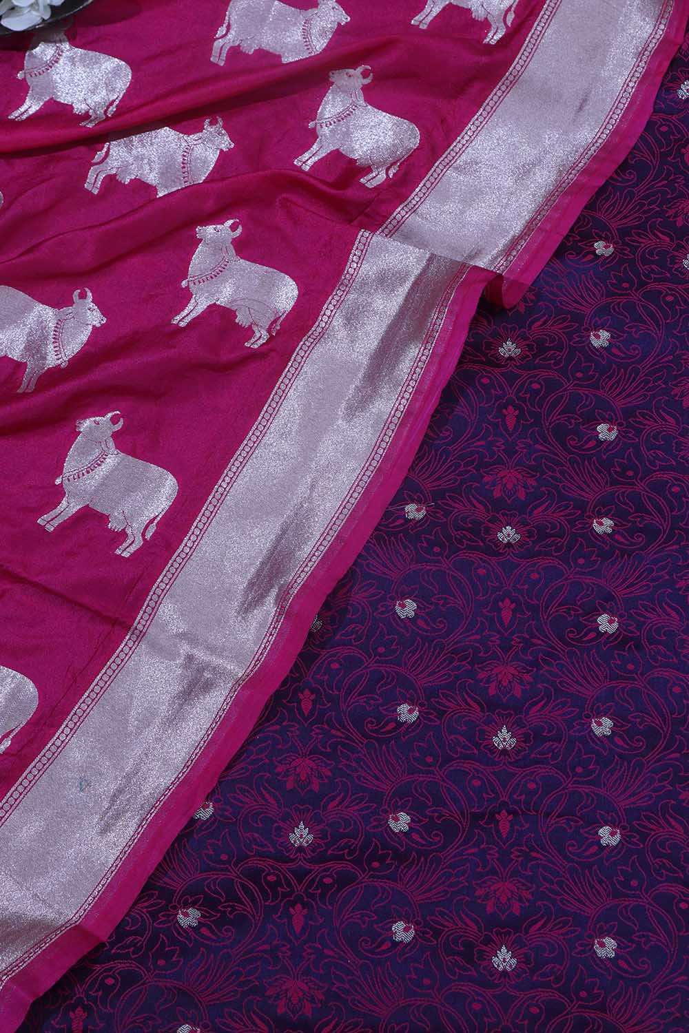 Elegant Purple Banarasi Tanchui Silk Suit Pink Banarasi Silk Cow Design Dupatta - Luxurion World