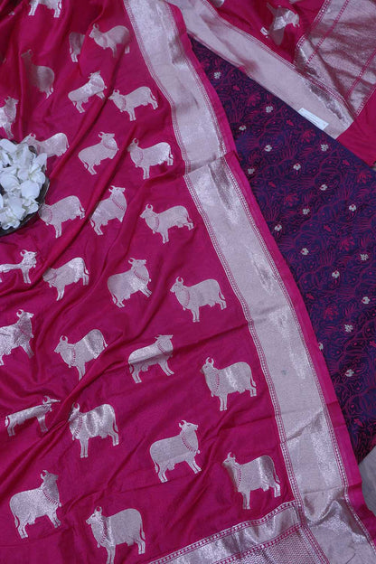 Elegant Purple Banarasi Tanchui Silk Suit Pink Banarasi Silk Cow Design Dupatta - Luxurion World