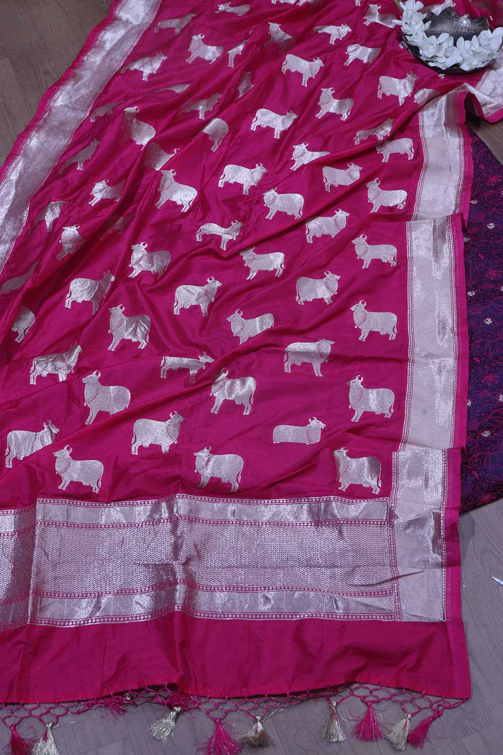 Elegant Purple Banarasi Tanchui Silk Suit Pink Banarasi Silk Cow Design Dupatta - Luxurion World