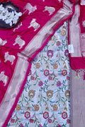 Grey Banarasi KimKhwab Silk Meenakari Suit Pink Banarasi Silk Cow Design Dupatta - Luxurion World